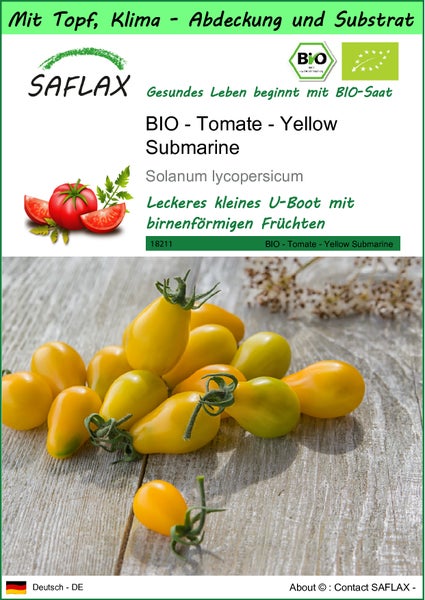 SAFLAX Garden to go - BIO - Tomate - Yellow Submarine - Solanum lycopersicum - 10 Samen - Mit Topf, Klima - Deckel und Anzuchtsubstrat