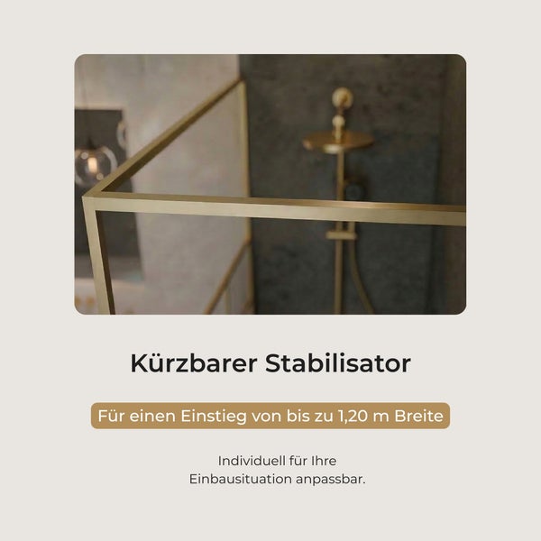 Kürzbarer Stabilisator für Duschkabinen, passend für einen Einstieg bis zu 1,20 Meter Breite.