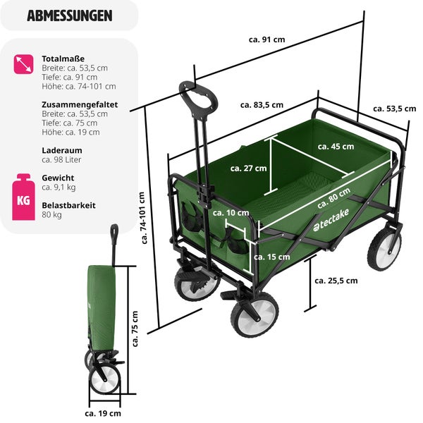 Bollerwagen tectake Leon faltbar inklusive Tragetasche, Belastbarkeit 80 kg