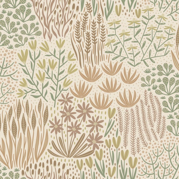 Botanisches Muster mit stilisierten Illustrationen verschiedener Pflanzen, Wildblumen und Gräser.