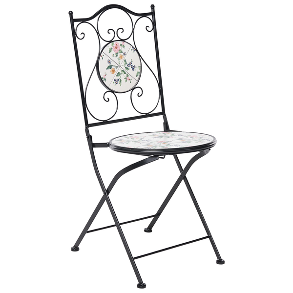 Klappstuhl aus Metall mit schwarzem Gestell, hoher Rückenlehne mit Schnörkeln und floralen Mosaik-Elementen auf Sitzfläche und Lehne.