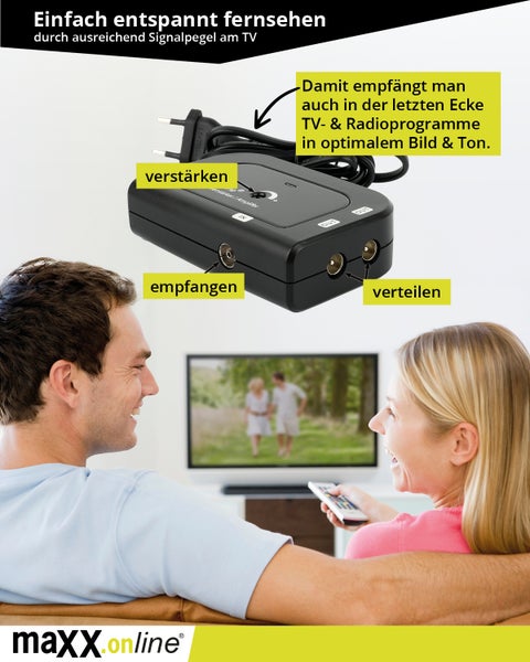 Antennenverstärker mit 2 Ausgängen 2X 20 dB Verstärkung inkl. F-Adapter, 85-1006 MHz, Kabelfernsehen, Kabel Verstärker, Verstärker Wohnung, Wohnungsverstärker