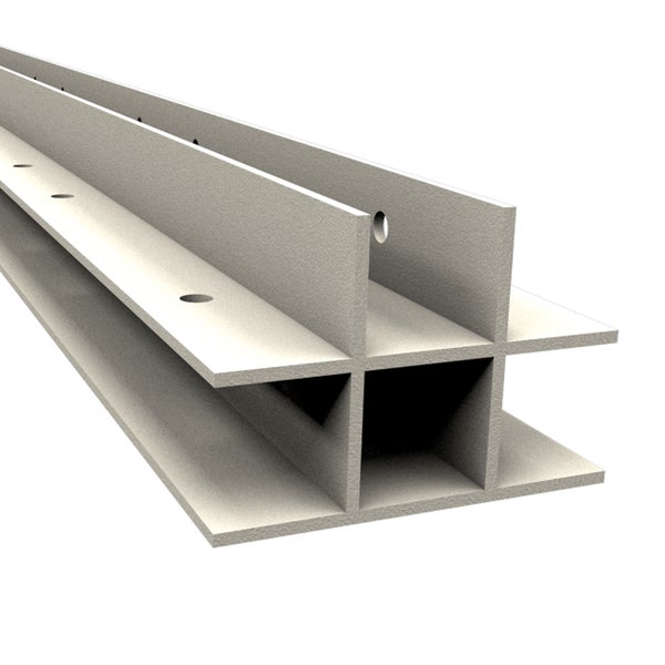 Graue Profilschiene mit vorgebohrten Löchern für die Montage, stabiles Bauelement aus robustem Material.