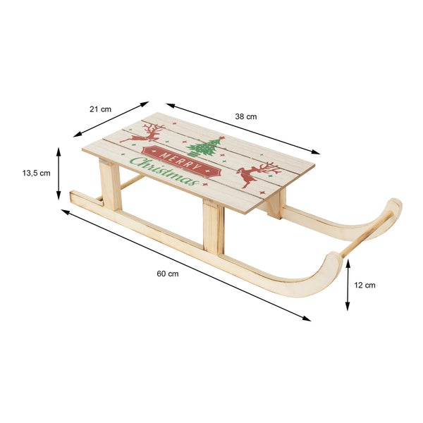Dekorativer Holzschlitten als Weihnachtsdekoration mit Merry Christmas Aufdruck, Maße 60 mal 21 mal 13,5 Zentimeter.