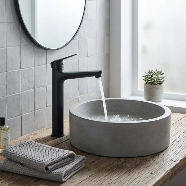 Badezimmer-Einrichtung mit hoher schwarzer Waschtischarmatur, rundem Beton-Aufsatzwaschbecken auf einer Holzplatte und einem runden Spiegel.