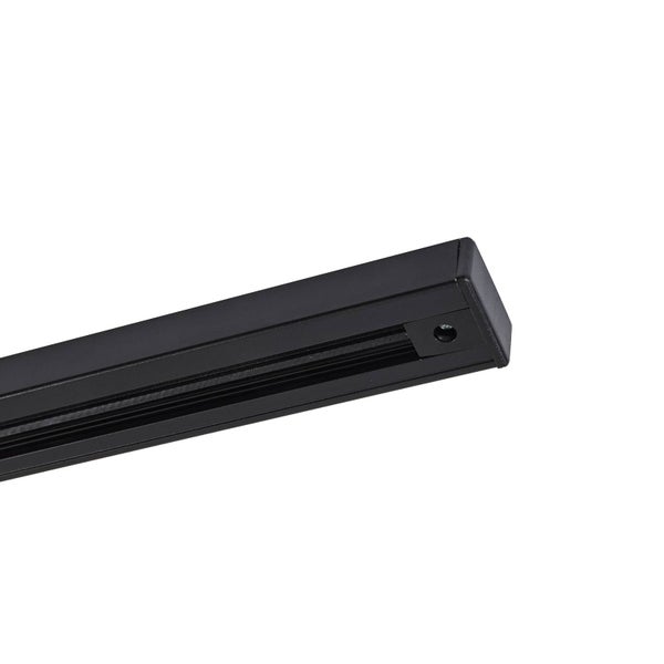 Schwarze Stromschiene aus Metall für Schienensysteme, Nahaufnahme des Endstücks.