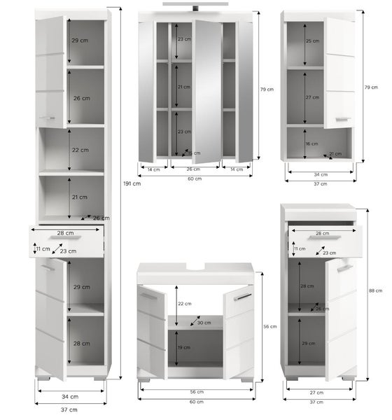 Badezimmermöbel Set in Weiß mit detaillierten Maßen in Zentimeter für Hochschrank, Spiegelschrank, Hängeschrank, Waschbeckenunterschrank und Unterschrank.