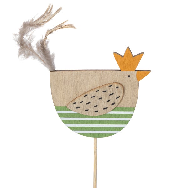 Dekorativer Holz-Osterstecker in Hühnerform mit Federn