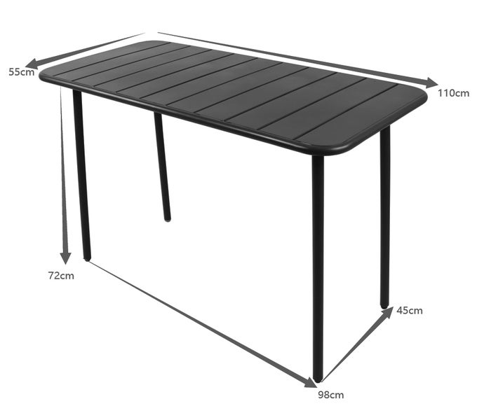Schwarzer rechteckiger Gartentisch aus Metall mit Maßangaben: Länge 110 Zentimeter, Breite 55 Zentimeter und Höhe 72 Zentimeter.
