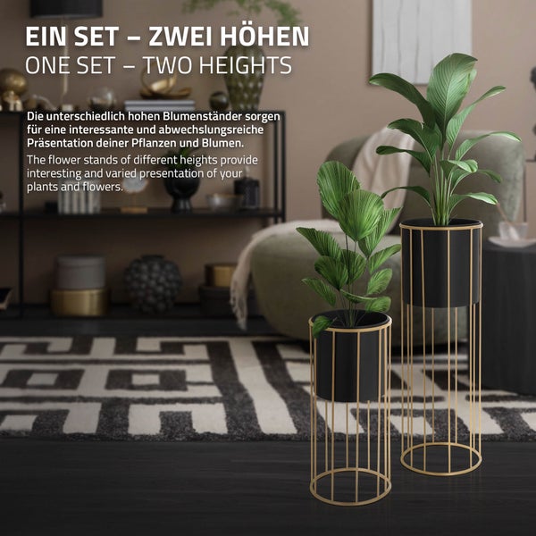 ML-Design Blumenständer 2er Set, Schwarz-Gold, 21x46,7/24x70,5 cm, rund, Stahl, Blumentopfständer mit Übertopf, Metall Pflanzenständer, Blumentopfhalter 2-tlg, Pflanztopf Deko Blumensäule Blumenhocker