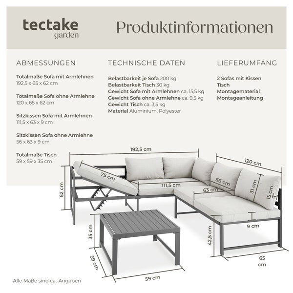 Infografik zum grauen tectake garden Lounge-Set aus Aluminium mit verstellbarer Rückenlehne, Maßen für Sofas und Tisch sowie Belastbarkeit.