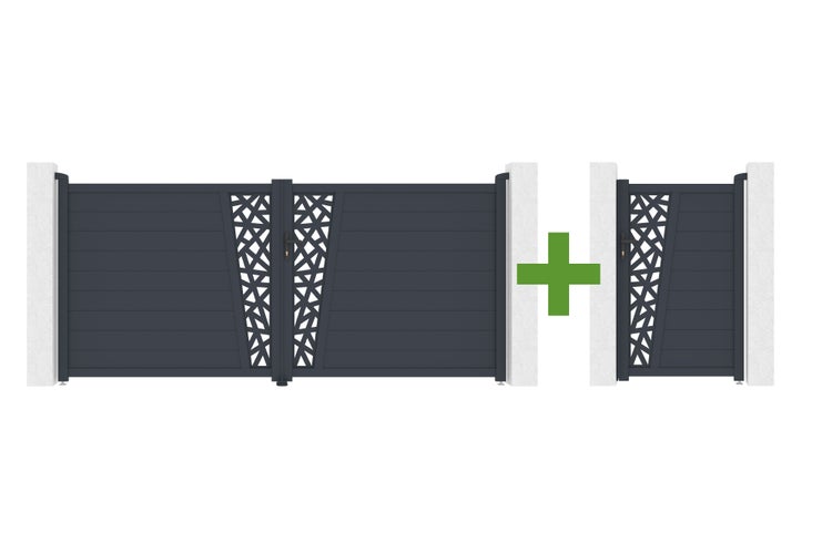 Set aus modernem zweiflügeligem Einfahrtstor und einflügeligem Gartentor mit horizontalen Lamellen und geometrischem Ausschnittmuster.