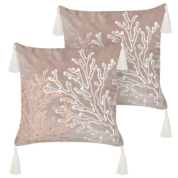 Dekokissen 2er Set MAZZAELLA Samtstoff 45 x 45 cm Taupe Pflanzenmuster