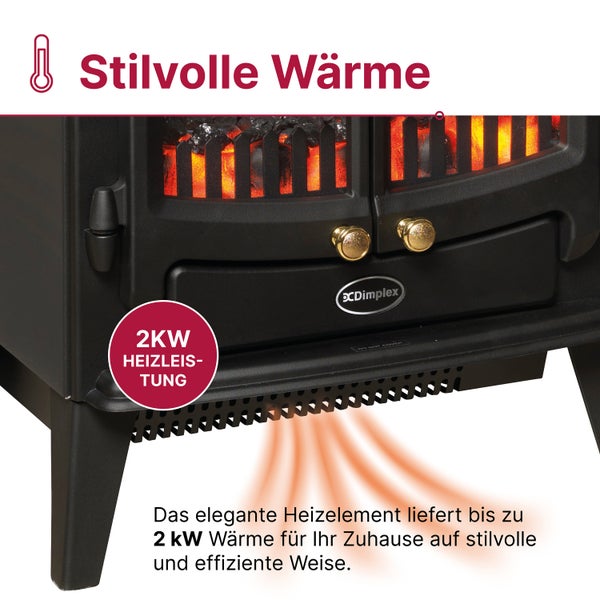 Elektrischer Kaminofen mit 2 Kilowatt Heizleistung, realistischer Glutoptik, zwei goldfarbenen Reglern, schwarzem Gehäuse und Dimplex Logo.