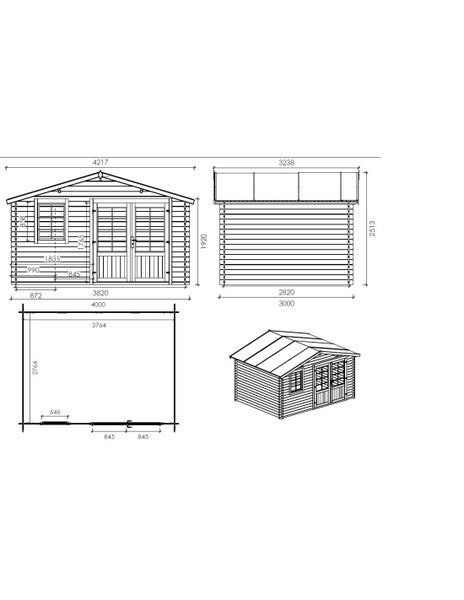 Technische Zeichnung eines Gartenhauses mit Maßen für Vorderansicht, Seitenansicht, Grundriss und isometrische Ansicht.