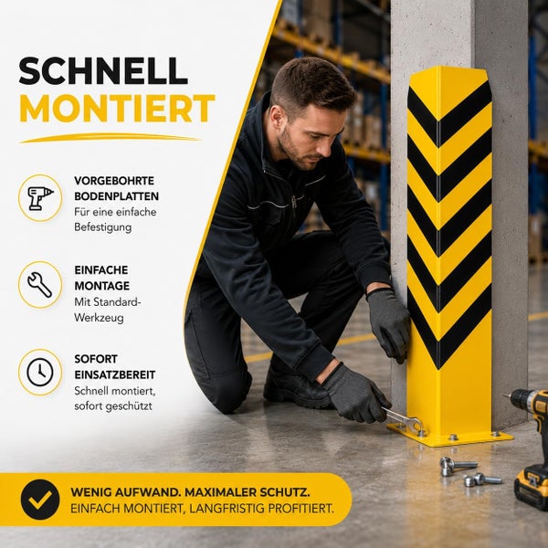 Ein Mann montiert einen gelb-schwarzen Eckschutz an einem Betonpfeiler im Lager. Vorgebohrte Bodenplatten ermöglichen eine einfache Befestigung.