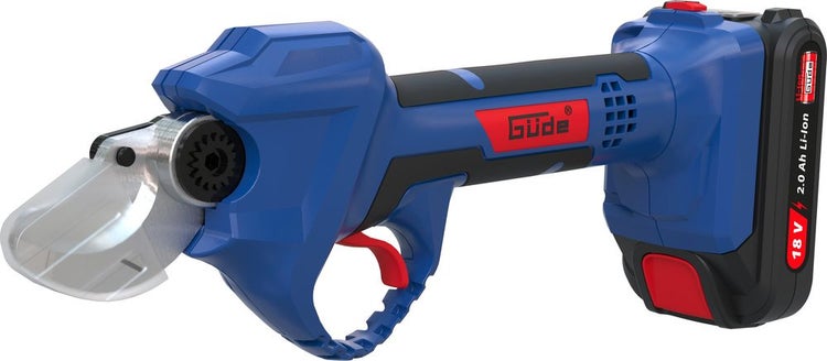 Blaue Güde Akku-Astschere 18 Volt mit 2.0 Amperestunden Lithium-Ionen-Akku, ergonomischem Griff und Messerschutz.