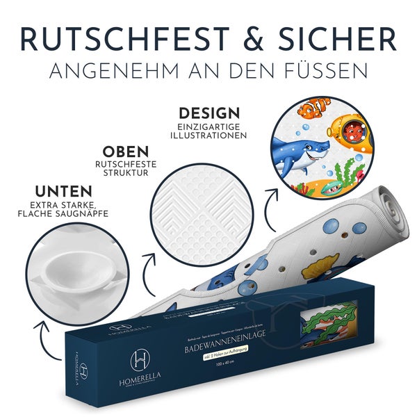 Homerella® Badewannenmatte rutschfest Kinder - 100% BPA frei Inkl. 2 Haken zum Aufhängen 100x40cm - Antirutschmatte Badewanne Baby hautsensitiv & schimmelresistent - Badematte rutschfest & waschbar