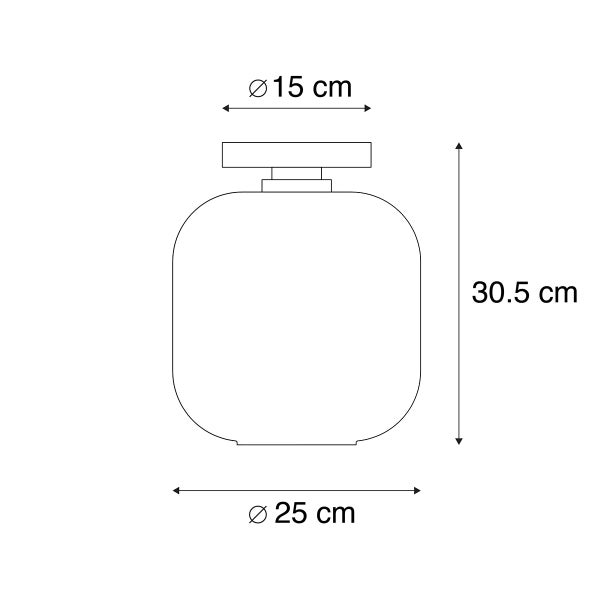 Maße der Deckenleuchte: Durchmesser oben 15 cm, Durchmesser unten 25 cm, Höhe 30,5 cm.
