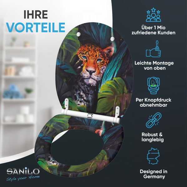 Toilettensitz mit Leopardenmotiv in Dschungeloptik mit Sanilo Logo und Produktvorteilen wie einfache Montage und abnehmbarer Sitz.