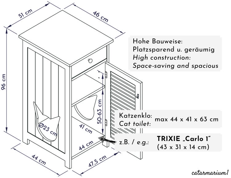 WONDERMAKE - Katzenschrank für Katzentoilette groß hoch aus Holz, Katzenklo-Schrank Kommode mit Schublade und Tür geschlossen, Design Katzen-Haus Toilette Klo XL, weiß