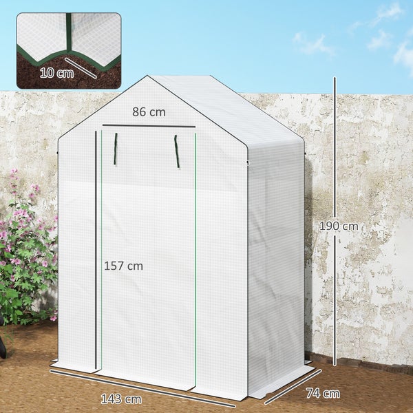 Outsunny Gewächshaus mit Rolltür, Fenster, Regale, winterfest Foliengewächshaus aus Stahl, Treibhaus für Balkon, Garten, Tomatenhaus 143 x 74 x 190 cm, Tomatengewächshaus für Tomaten, Gemüse, Weiß