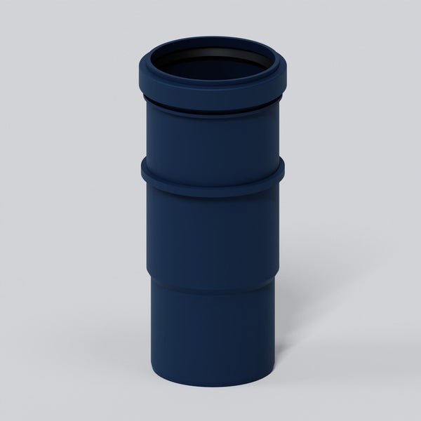 Dunkelblaue Doppelmuffe aus Kunststoff für die Verbindung von Abwasserrohren.