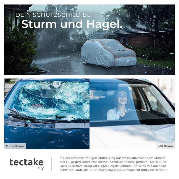 Autoabdeckung als Schutz vor Sturm und Hagel, mit beschädigter Windschutzscheibe und intakter Windschutzscheibe