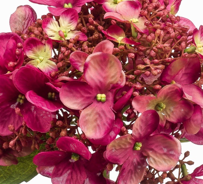 Künstliche Hortensie in Pink mit grünem Stiel und Blättern.