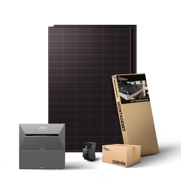 Balkonkraftwerk Komplettset mit zwei Solarmodulen, Anker Solix Speichersystem, Smart Meter, Montageset für Gitterbalkon und Zubehörbox.