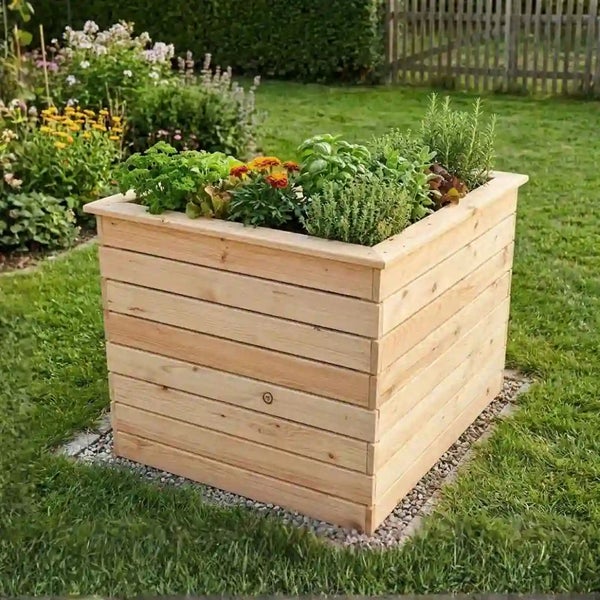 Quadratisches Hochbeet aus Holz bepflanzt mit Kräutern und Blumen in einem Garten auf einer Kiesfläche.