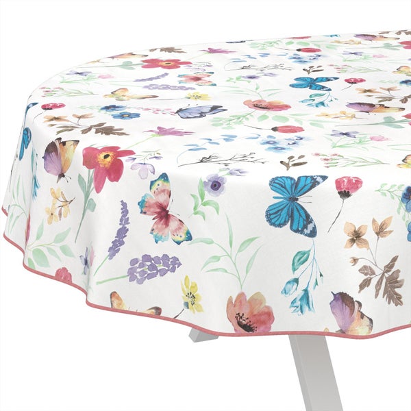 Runde Tischdecke mit Aquarell-Muster aus bunten Blumen und Schmetterlingen.