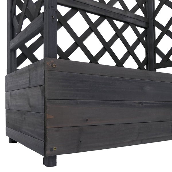 Detailansicht eines Pflanzkastens aus Holz mit integriertem Rankgitter in Anthrazit.