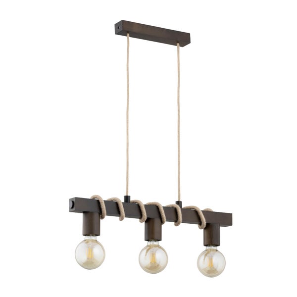 Dreiflammige Pendelleuchte aus Holz und Seil im Vintage Stil