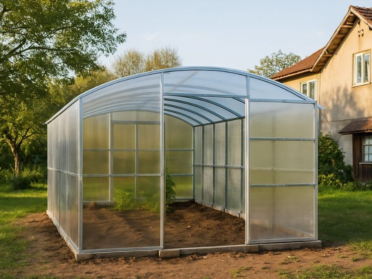 Gewächshaus mit Polycarbonatplatten und Aluminiumrahmen im Garten.