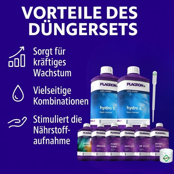 Plagron Düngerset mit verschiedenen Nährstoffen und Zusätzen zur Förderung des Pflanzenwachstums