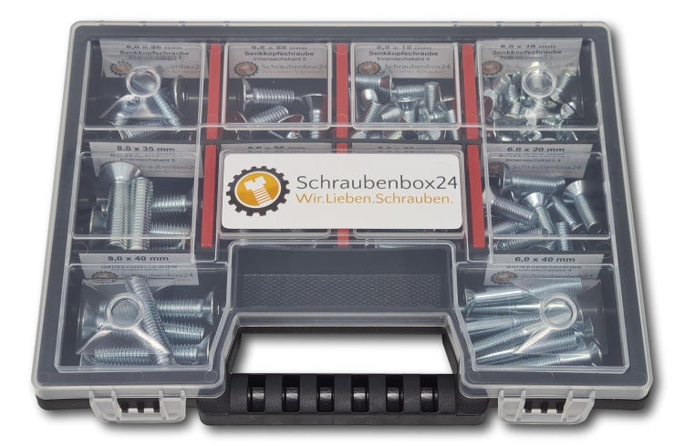 Senkkopfschrauben Sortiment M6-M8 // 10mm-40mm 105 tlg. Schraubenbox DIN 7991/ISO 10642 Bolzen Vollgewindeschrauben Maschinenschrauben Gewindeschrauben Senkkopfschrauben
