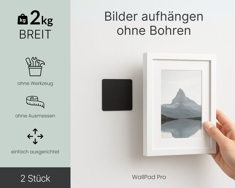 WallPad Pro zum Aufhängen von Bildern ohne Bohren, Tragkraft 2 Kilogramm, 2 Stück