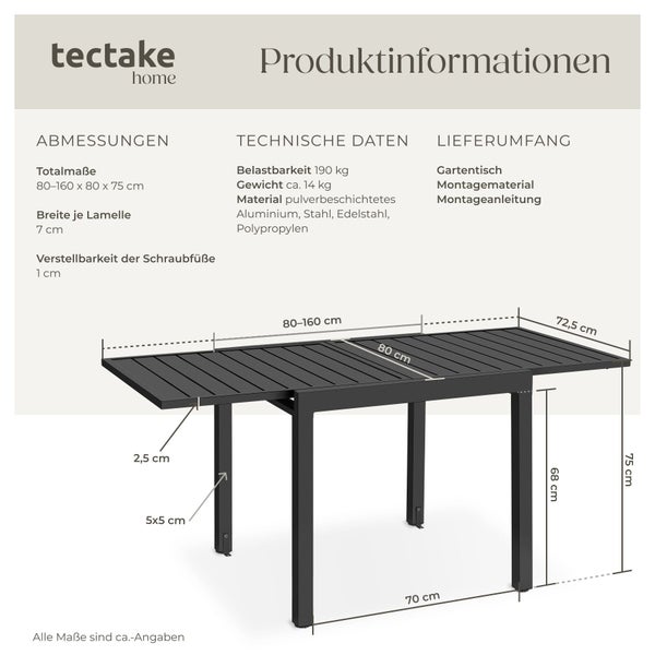 Ausziehbarer Gartentisch von tectake mit Maßen von 80-160 x 80 x 75 cm, aus pulverbeschichtetem Aluminium und Stahl, belastbar bis 190 kg.