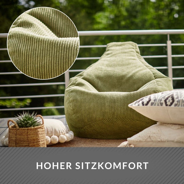 Green Bean Sitzsack mit Rückenlehne 80x80x90cm - Gaming Chair mit 230L Füllung Cordstoff - Bean Bag Bodenkissen Lounge Sitzhocker Relax-Sessel Gamer Gamingstuhl Grün