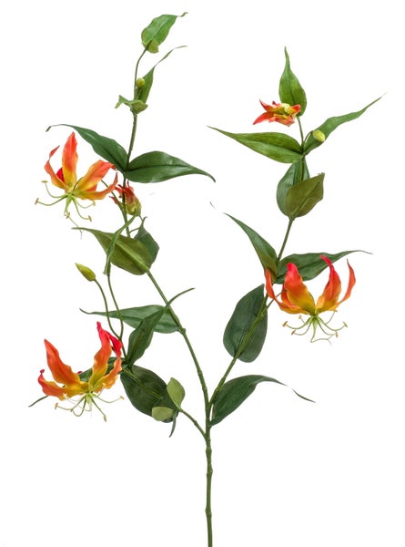 Künstliche Ruhmeskrone Gloriosa mit rot-gelben Blüten und grünen Blättern.