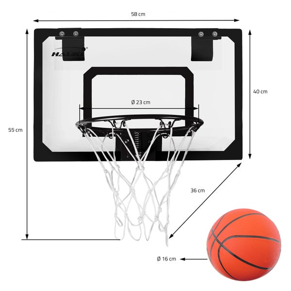 Hauki Mini Basketballkorb fürs Zimmer im Set 3 Bälle Ø16cm, Netz, Pumpe, 58x40 cm, Schwarz, tragbar, Backboard Tür/Wandmontage, ohne Bohren, Indoor Basketball Hoop hängend, Hängebrett Basketballbrett