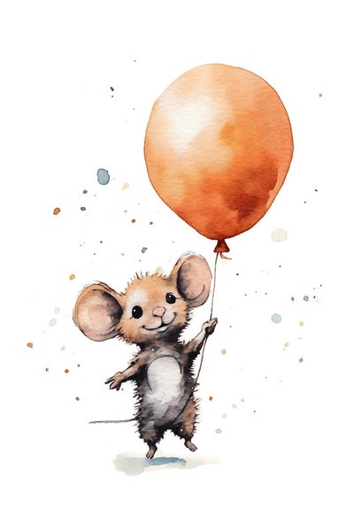 Aquarellzeichnung einer Maus mit einem Ballon