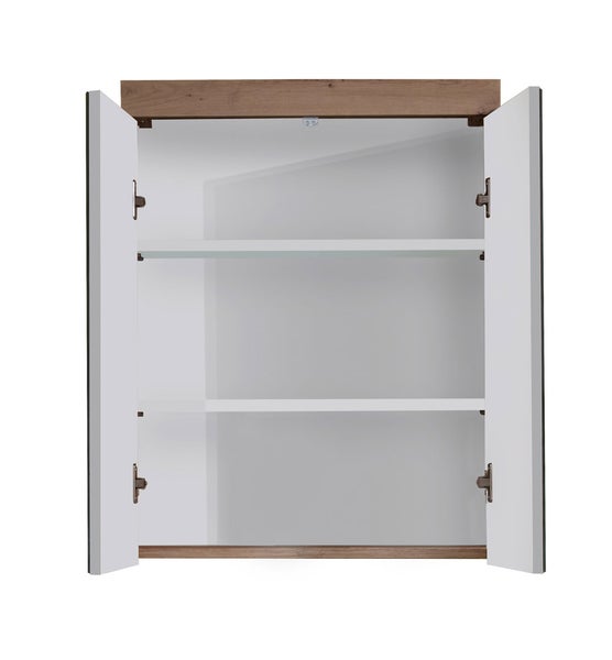 AmandaMando Bad Spiegelschrank 2 Türen dunkel Eiche Dekor, Spiegelglas. 60 X 17 X 77 cm