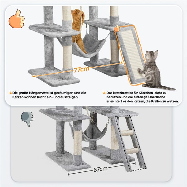 Grauer Kratzbaum mit Hängematte und Kratzbrett für Katzen