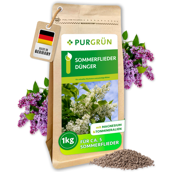 Eine Packung Purgrün Sommerflieder Dünger mit 1 Kilogramm Inhalt, angereichert mit Magnesium und Tonmineralien für kräftige Blüten.