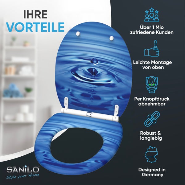Sanilo WC Sitz mit Wassertropfen Motiv und Produktvorteilen wie einfache Montage, abnehmbarer Deckel, Robustheit und Design aus Deutschland.