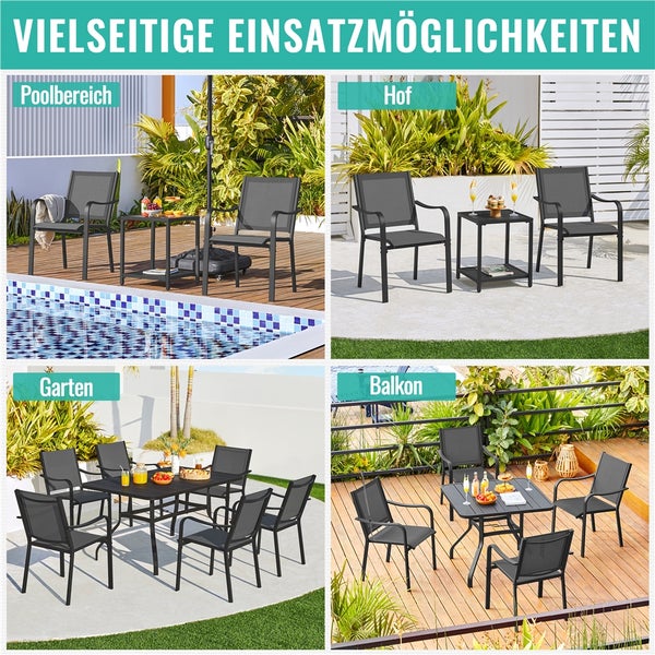 Gartenmöbel-Sets aus dunkelgrauem Metall und Textilgewebe in verschiedenen Szenarien wie Poolbereich, Hof, Garten und Balkon.