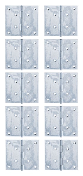 Set aus zehn verzinkten Scharnieren mit vorgebohrten Schraublöchern für Türen und Möbel.