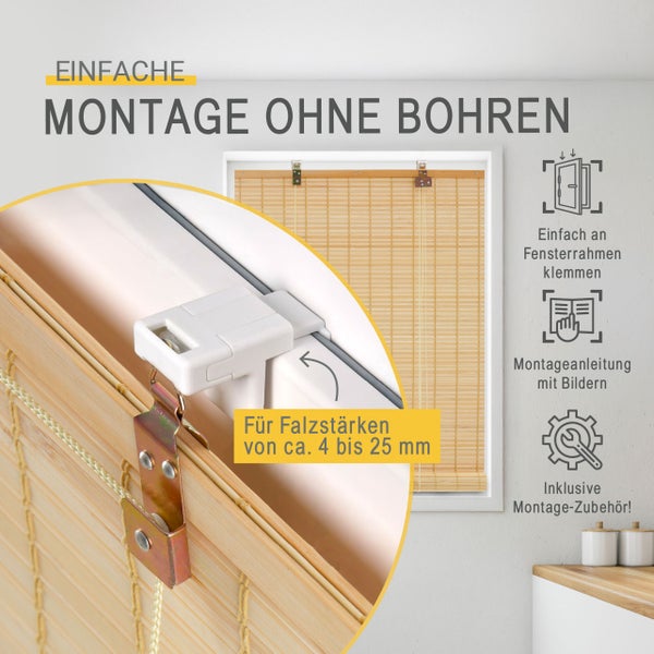 Montage ohne Bohren für Bambusrollos. Klemmträger für Fensterfalzstärken von circa 4 bis 25 Millimeter inklusive Zubehör und bebilderter Anleitung.